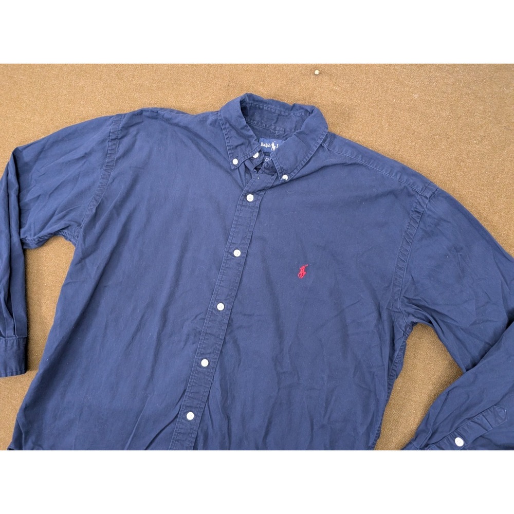 Ralph Lauren Linen Custom Fit Button Down Shirt Long Sleeve Blue Mens XL
